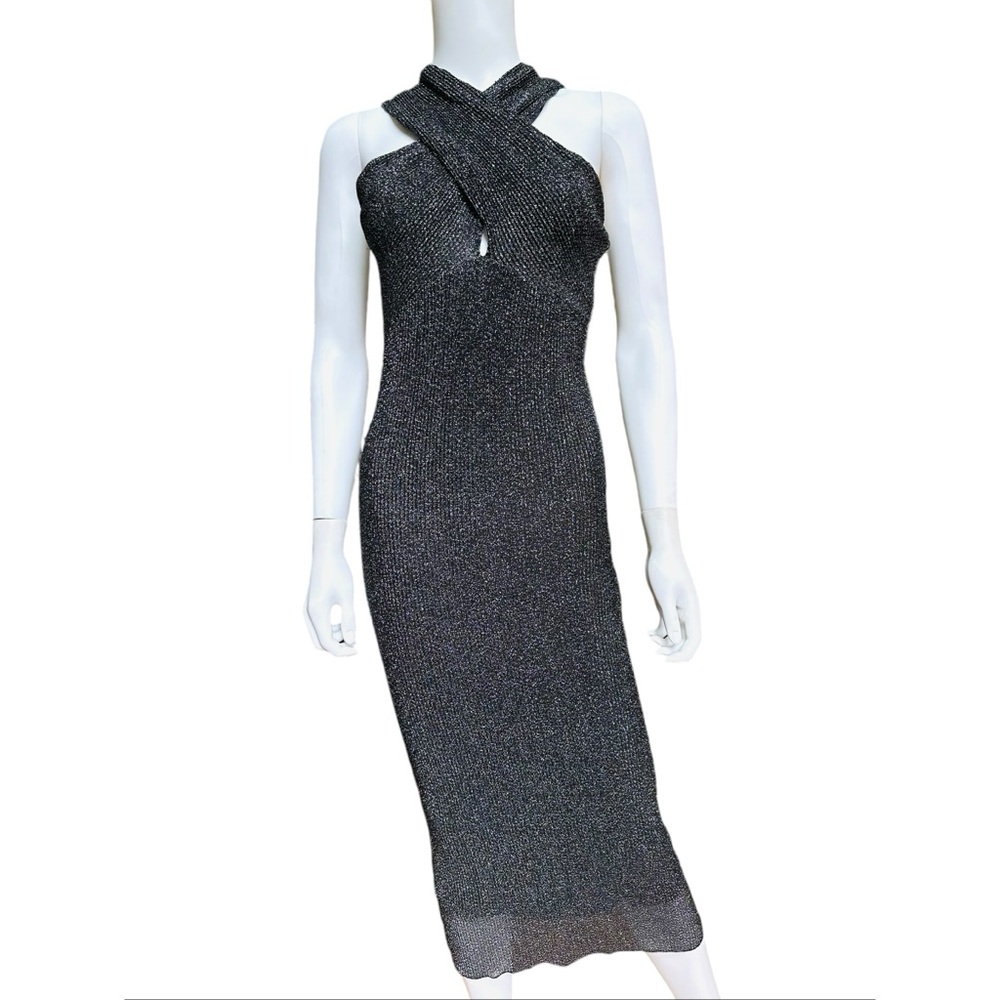 Zara black shimmer stretch criss cross haler top midi dress, NWOT, S